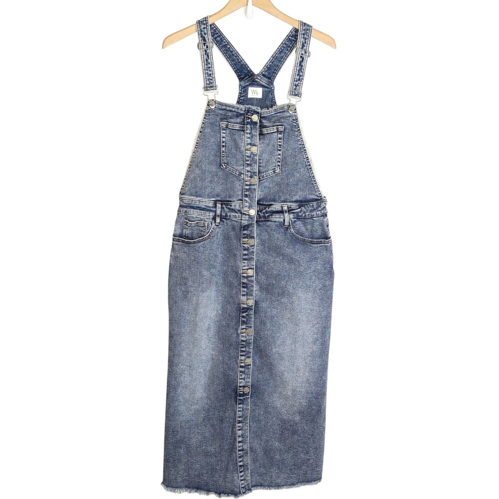 Wash Lab Denim Button Front Jumper XL Overall Straps Raw Hem Medium Blue Indie - Picture 2 of 9